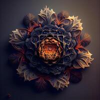 3d ilustración de resumen flor con floral modelo en oscuro fondo., ai generativo imagen foto