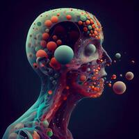 3d rendering of a human skeleton with colorful bubbles in the brain, Image photo