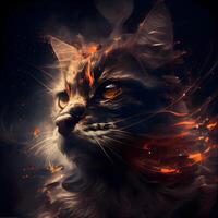 Fantasy portrait of a cat with fire effect. Digital painting., Image photo