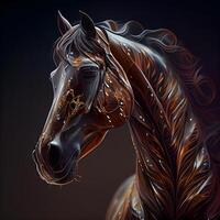 Horse head with feathers. 3D rendering. Illustration., Image photo