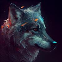 Portrait of a wolf with fire in the eyes. Digital painting., Image photo