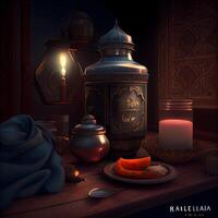 Ramadan Kareem greeting card with arabic lanterns, oil lamp and tangerine, Image photo