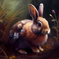 Digital painting of a cute little brown rabbit sitting in the grass., Image photo
