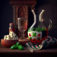 Still life with a jug of olive oil, cheese and herbs on a wooden table, Image photo