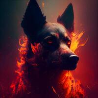 Portrait of a German shepherd dog in the fire on a dark background., Image photo