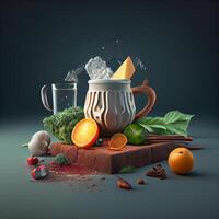 Mug of tea with ingredients on dark background. illustration., Image photo