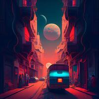 Fantasy illustration of a train passing through the streets of the old city., Image photo