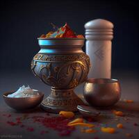 illustration of Happy Holi festival of colors in India with bowl and pot, Image photo