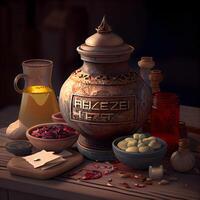 Herbal medicine in clay pots. Herbal medicine. 3d rendering, Image photo