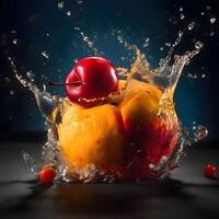 Fresh fruits and vegetables falling into water with splash on black background., Image photo