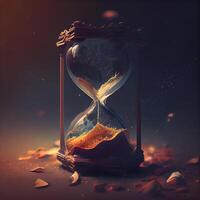 Hourglass with flowing sand on dark background. Time passing concept., Image photo