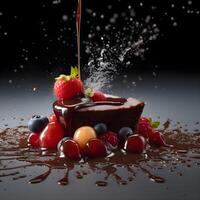 Chocolate ice cream ball with splashes and drops on black background, Image photo