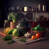 Vegetables on the table in the kitchen. 3d render, Image photo