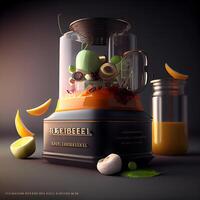 Blender with fruits and juice isolated on black background. 3d illustration, Image photo