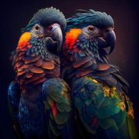 dos guacamayo loros en un oscuro antecedentes. vistoso loros., ai generativo imagen foto