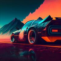 sport car on the road at sunset, 3d render illustration, Image photo