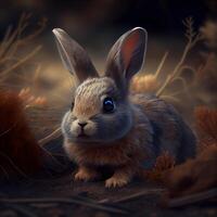 3D rendering of a little brown rabbit in the autumn forest., Image photo