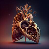 humano corazón anatomía en oscuro antecedentes. 3d ilustración. Clásico estilo., ai generativo imagen foto