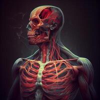 Human skeleton anatomy with muscles and circulatory system on dark background., Image photo