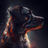 Labrador Retriever portrait with fire and smoke on black background, Image photo