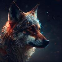 Portrait of a wolf with fire on a dark background. Artistic style., Image photo