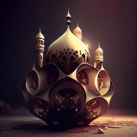 3d illustration of Ramadan Kareem greeting card with golden lantern and mosque, Image photo