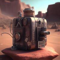 3D rendering of an old movie camera in a desert environment., Image photo