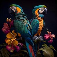 Beautiful macaw parrots on a black background with tropical flowers, Image photo