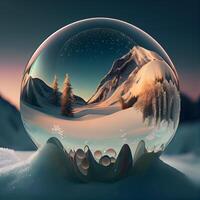 Snow globe with snowy mountains in the background, 3D illustration., Image photo