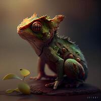 3d representación de un linda pequeño camaleón en un oscuro fondo, ai generativo imagen foto
