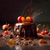 chocolate magdalena con Derretido chocolate y salpicaduras en un oscuro fondo, ai generativo imagen foto