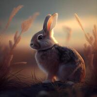 Rabbit in the meadow at sunset, 3d render., Image photo