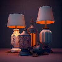 Lanterns and lamps on dark background. illustration., Image photo