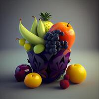 Fruit basket with fresh fruits on a gray background. 3d illustration, Image photo