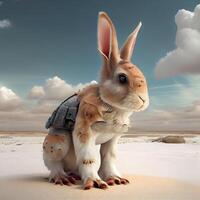 Rabbit with backpack on the beach. 3D illustration. Toned., Image photo