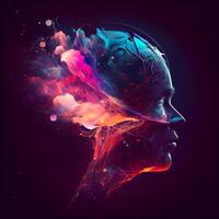 Human head with glowing brain. 3d illustration. Abstract background., Image photo