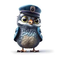 Cute bird with police cap and blue uniform isolated on white background, Image photo