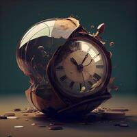 Alarm clock and broken glass, time concept. 3d rendering, Image photo