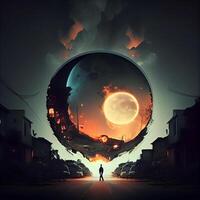Conceptual image of a man walking on the street and looking at the moon., Image photo