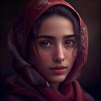 Portrait of a beautiful girl in a red shawl., Image photo