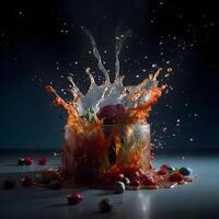 Chocolate with fruits and chocolate splashes on a black background., Ai Generative Image photo