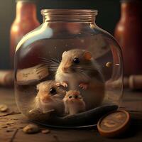 Hamsters in a glass jar on a dark background. 3d rendering, Image photo