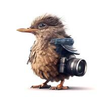 Cute bird photographer with camera isolated on white background. 3D illustration., Image photo