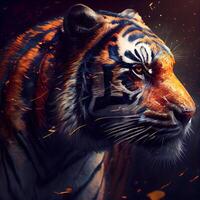 Tiger with fire and smoke on his face. Digital painting., Image photo