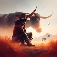 Cowboy with a bull in the meadow. 3d rendering, Image photo