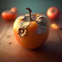 Ripe persimmon on a wooden table. 3d illustration, Image photo