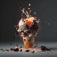 Ice cream with waffle cone on grey background. 3d rendering, Image photo