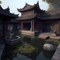 Chinese traditional houses on the water in the evening, 3d render, Image photo