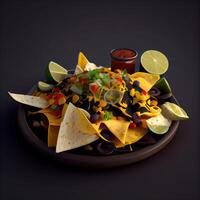 Mexican guacamole with nachos chips and sour cream, Image photo