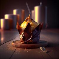 Chocolate cake and chocolate candies on a wooden background. 3d rendering, Image photo